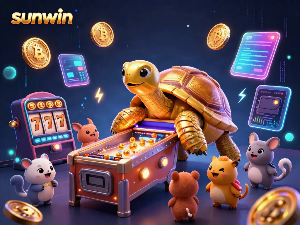 Experience thrilling games at Sunwin with a golden tortoise pinball machine, surrounded by vibrant gambling elements.