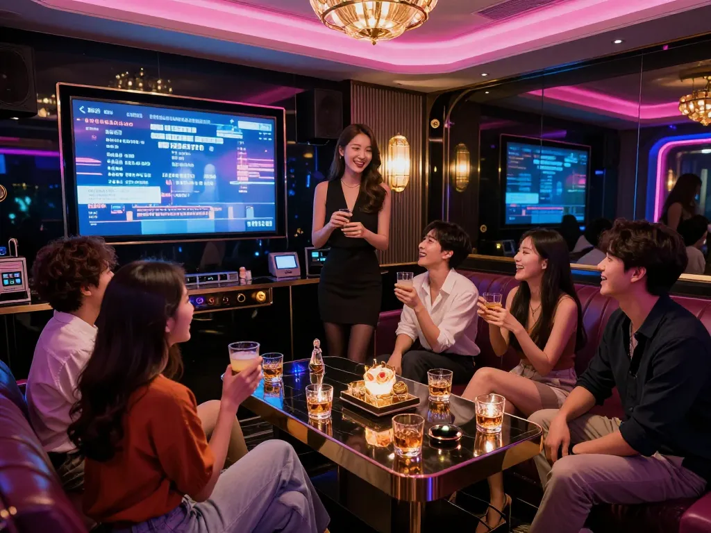 Experience the vibrant atmosphere of 강남가라오케, with friends enjoying music and drinks in a stylish private room.