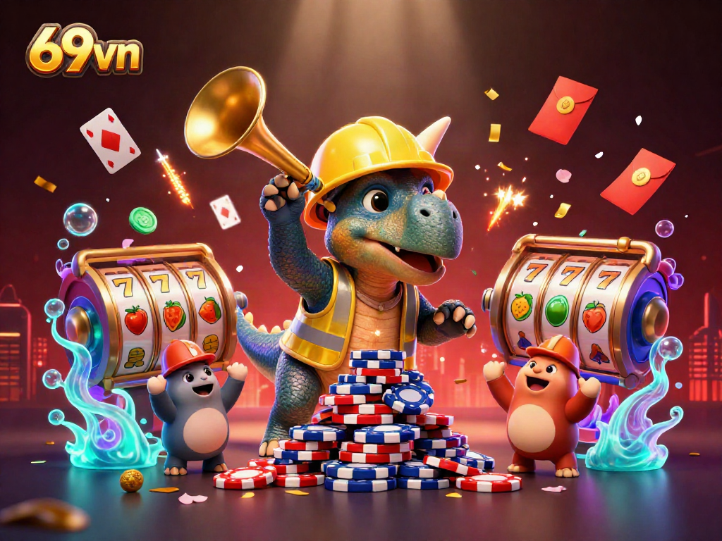 Celebrate big wins with the vibrant and dynamic 69vn casino scene filled with poker chips and gaming elements.