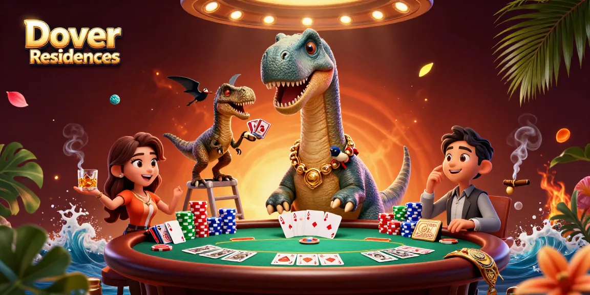 Dover Residences showcases an epic scene of a brontosaurus with casino elements, poker table, and dynamic characters