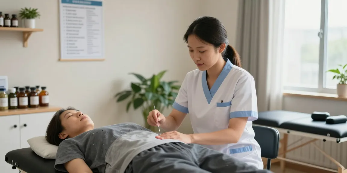 Patient receiving acupuncture at 수원교통사고한의원 in a serene clinic setting, promoting healing after car accidents.