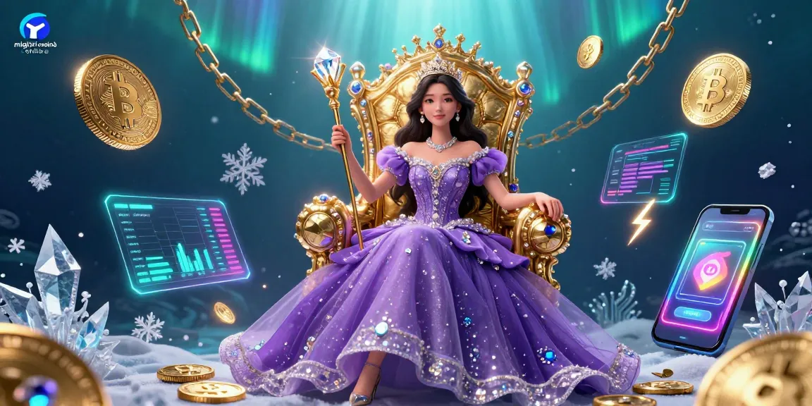 Vivi l'emozione dei migliori casinò online con una scena mozzafiato che presenta una donna regale, monete crypto e elementi di gioco dinamici.