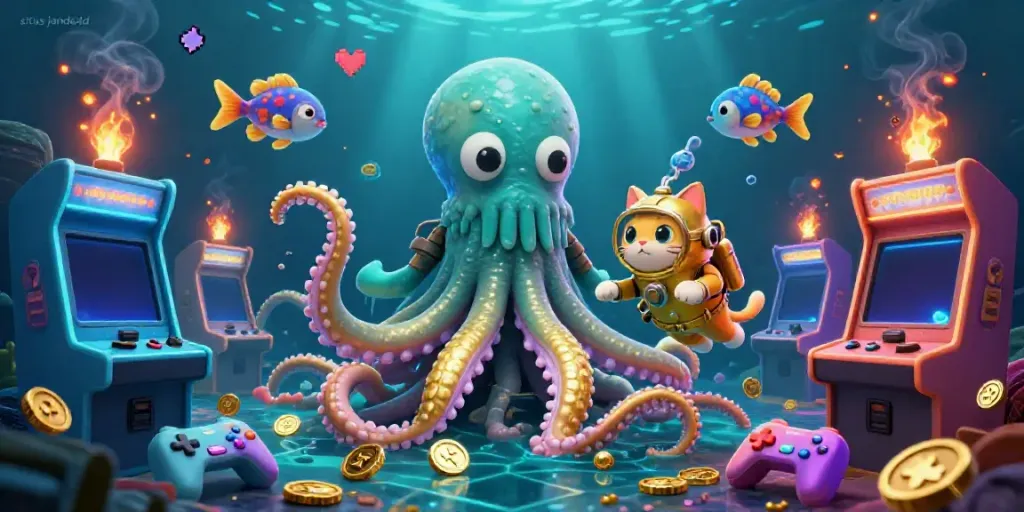 Permainan menarik di situs janda4d dengan karakter kartun kraken dan kucing selam di dunia bawah laut.