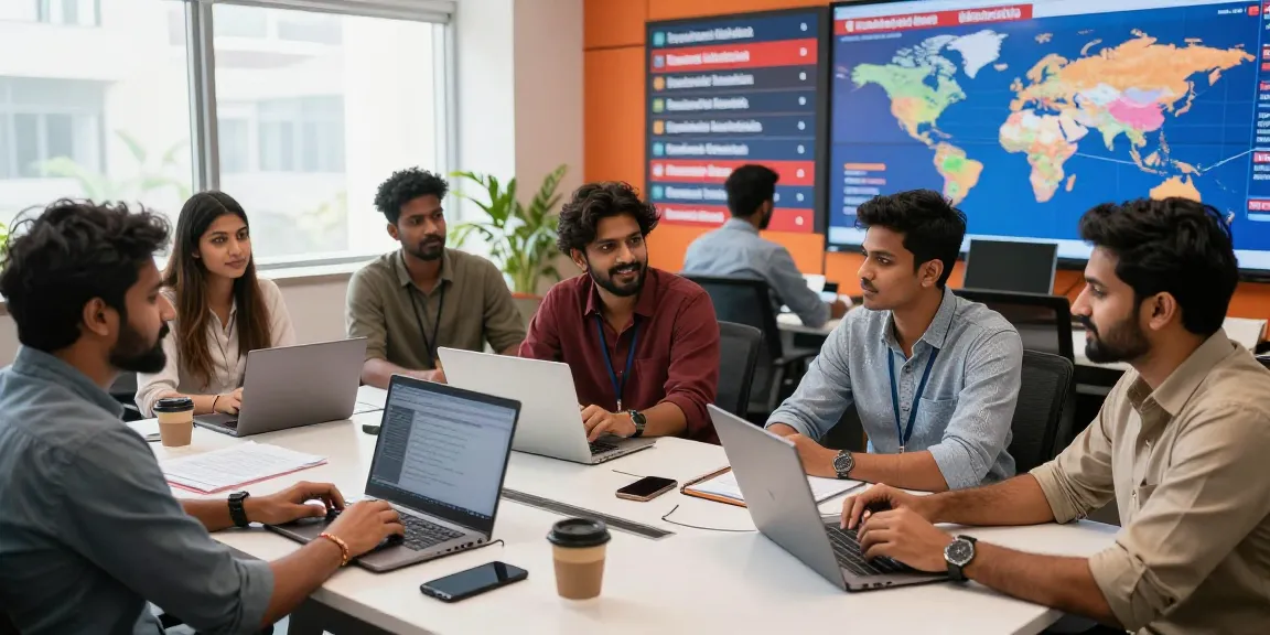 Team of journalists collaborating on trending news for https://www.theindaily.com in a vibrant Indian newsroom.