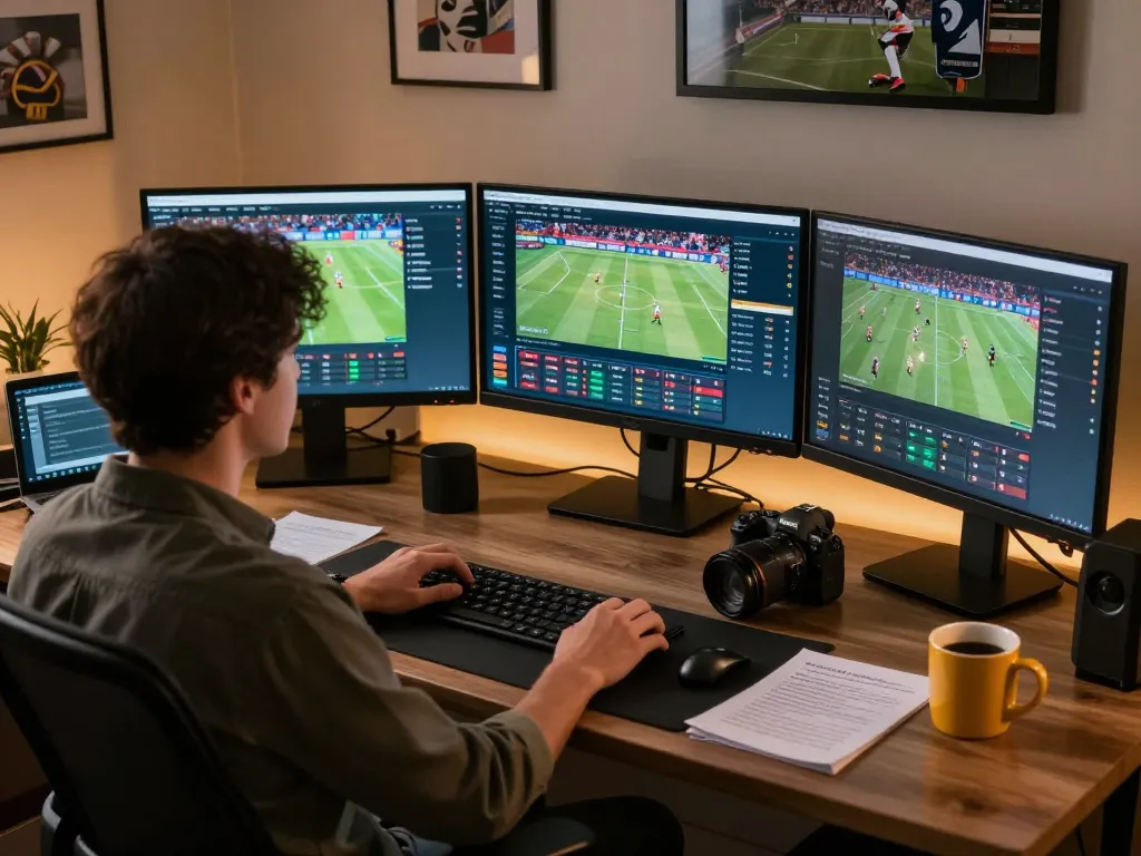 Engaged in strategic sports betting with F8BET on multiple screens, showcasing real-time odds and sports events.