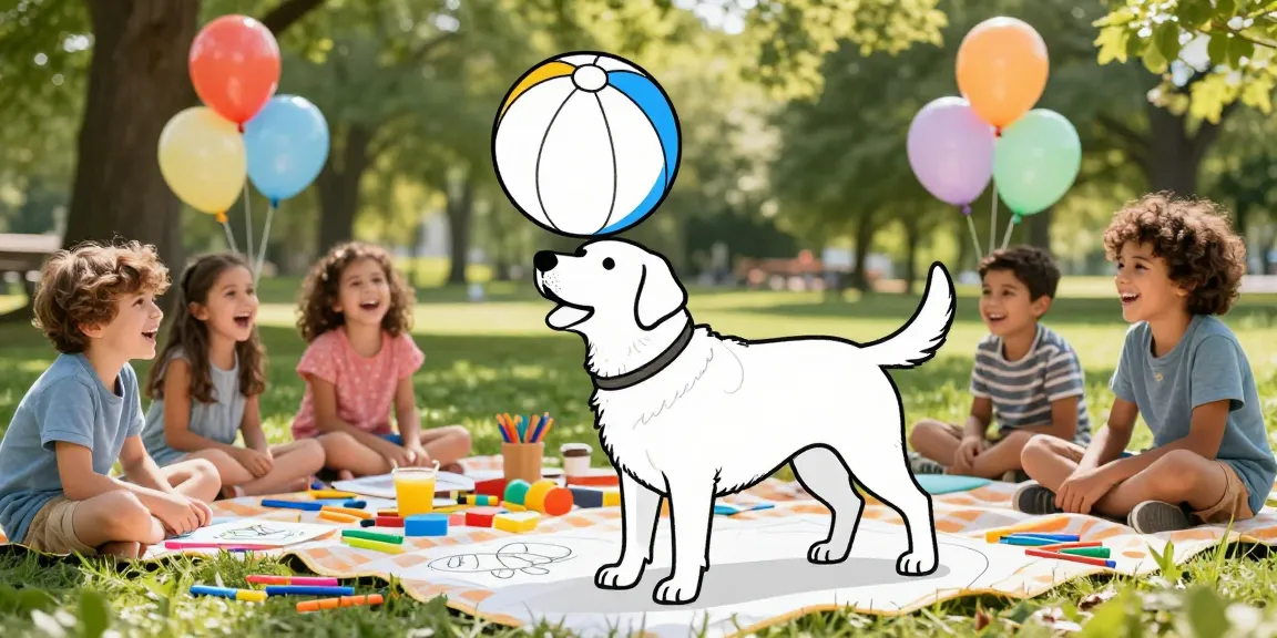 Educational coloring with children joyfully coloring a playful Labrador Retriever balancing a beach ball in a sunny park.