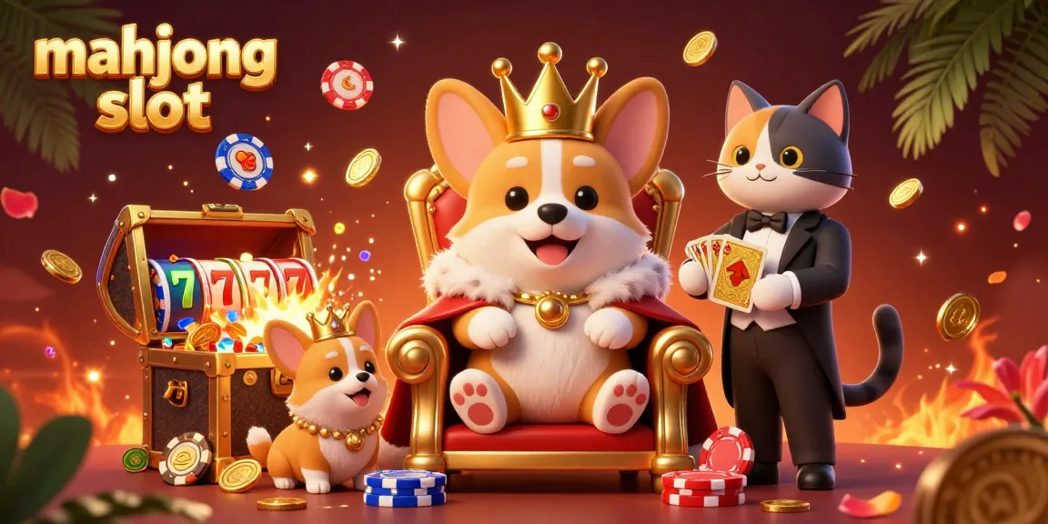 Engage with mahjong slot action as a royal corgi sits on a poker chip throne, surrounded by treasures.