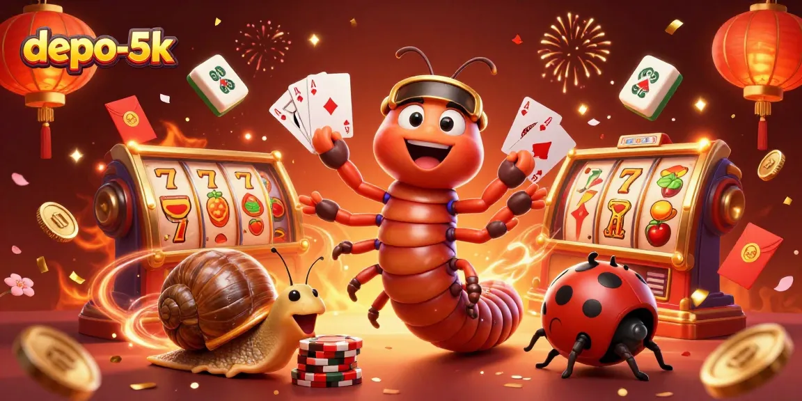 Engage with the thrilling slot games at depo-5k, featuring a vibrant 3D casino scene.