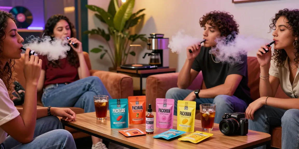 Friends enjoying THC vape PackMan e-liquids in a cozy lounge, showcasing vibrant flavors and relaxed atmosphere.