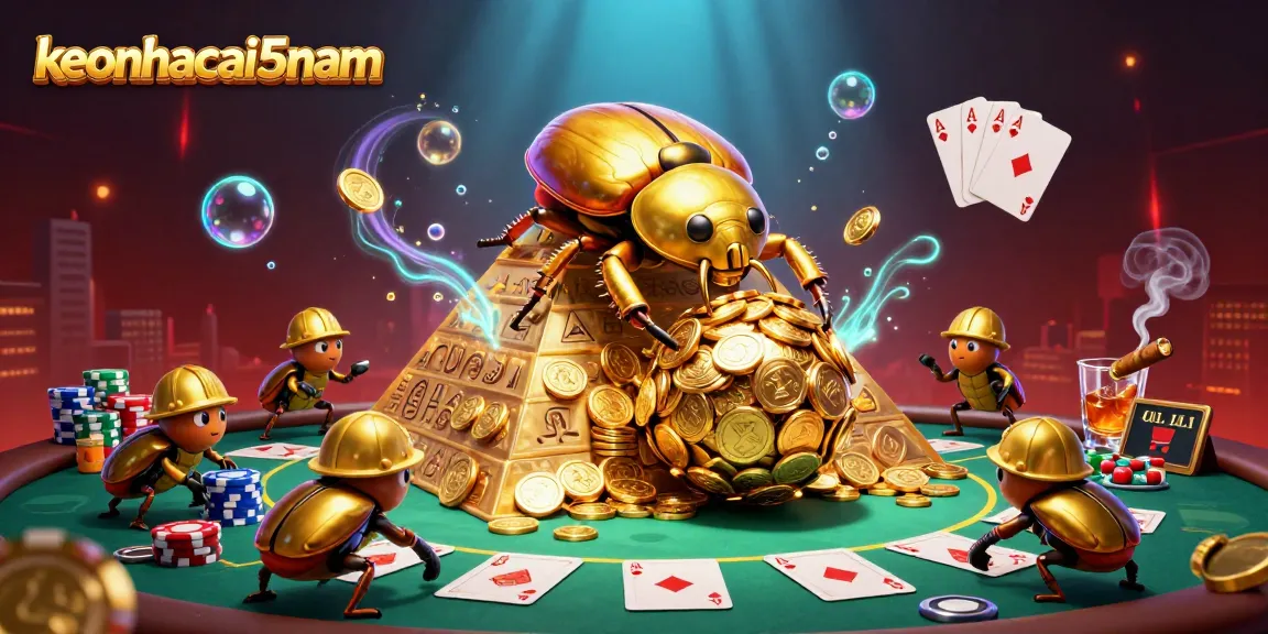 Engage in thrilling wins with keonhacai5nam, featuring 3D illustration of a golden beetle rolling coins amidst a vibrant casino.
