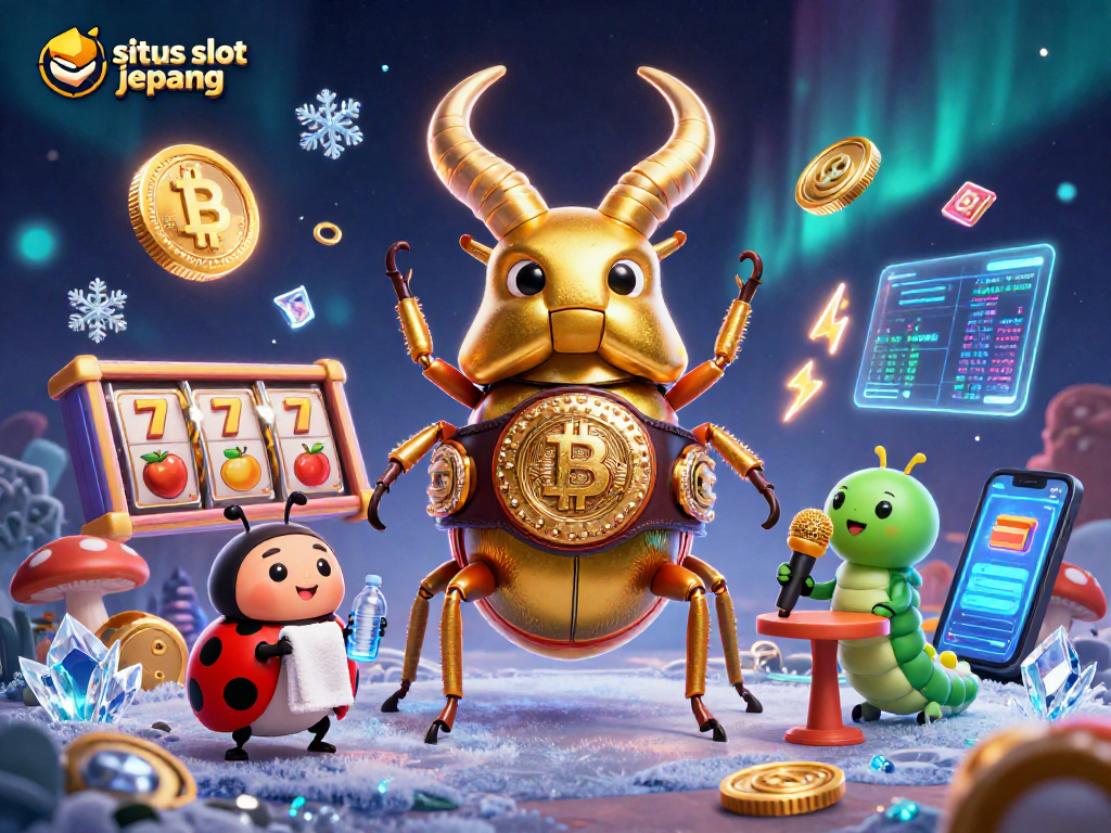 Spin the reels on situs slot jepang, featuring giant characters in a lively casino scene.