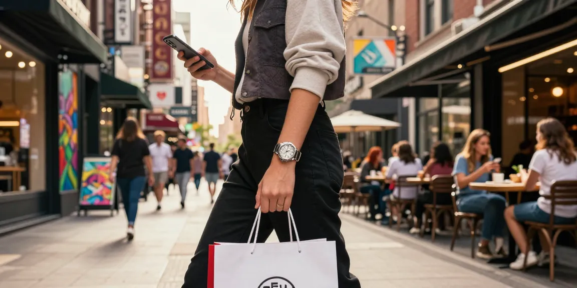 Fashionable individual displaying a 시계 레플리카 while walking through a vibrant city street with trendy shops.
