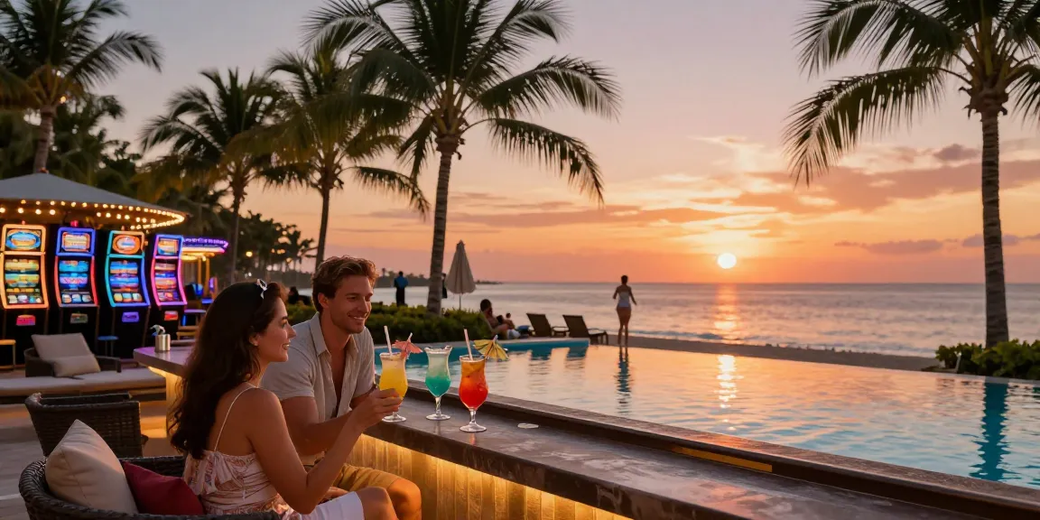 Pasangan menikmati suasana santai di resort dengan LUXURY111 Link Alternatif di latar belakang, saat matahari terbenam.