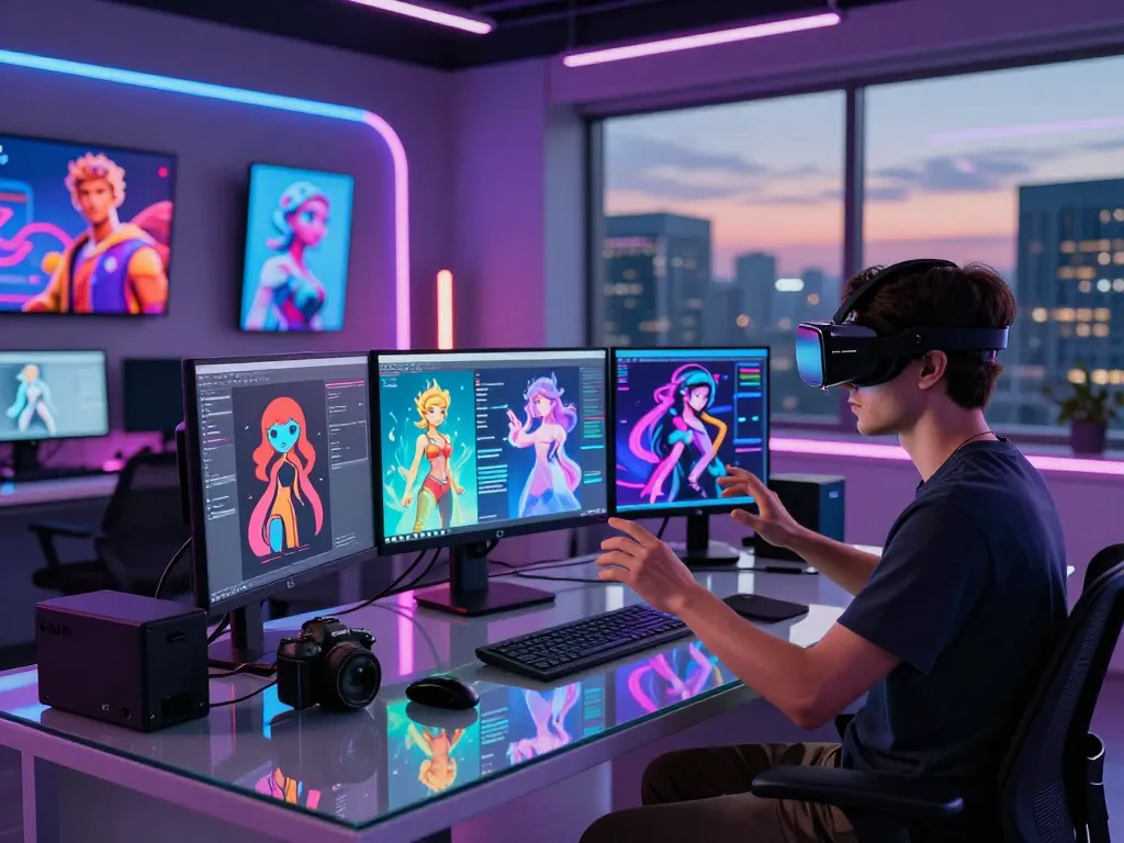 Creator engaged in nsfw ai development in a futuristic studio.