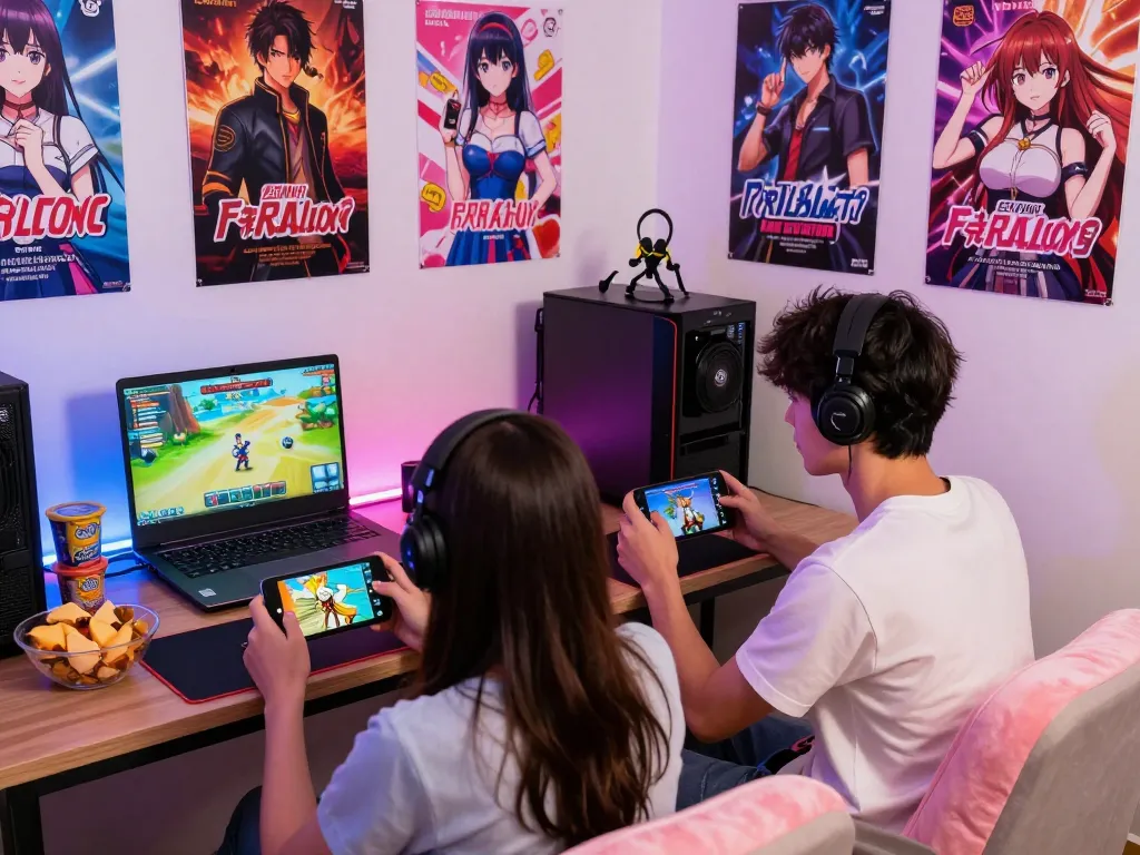 Couple immersed in online sex games on devices, showcasing vibrant gaming atmosphere.