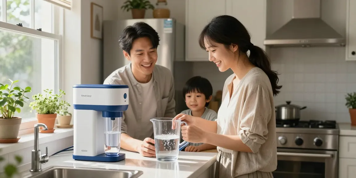 Family enjoying clean water from Waterdrop 3-Stage Whole House Water Filter System in modern kitchen.