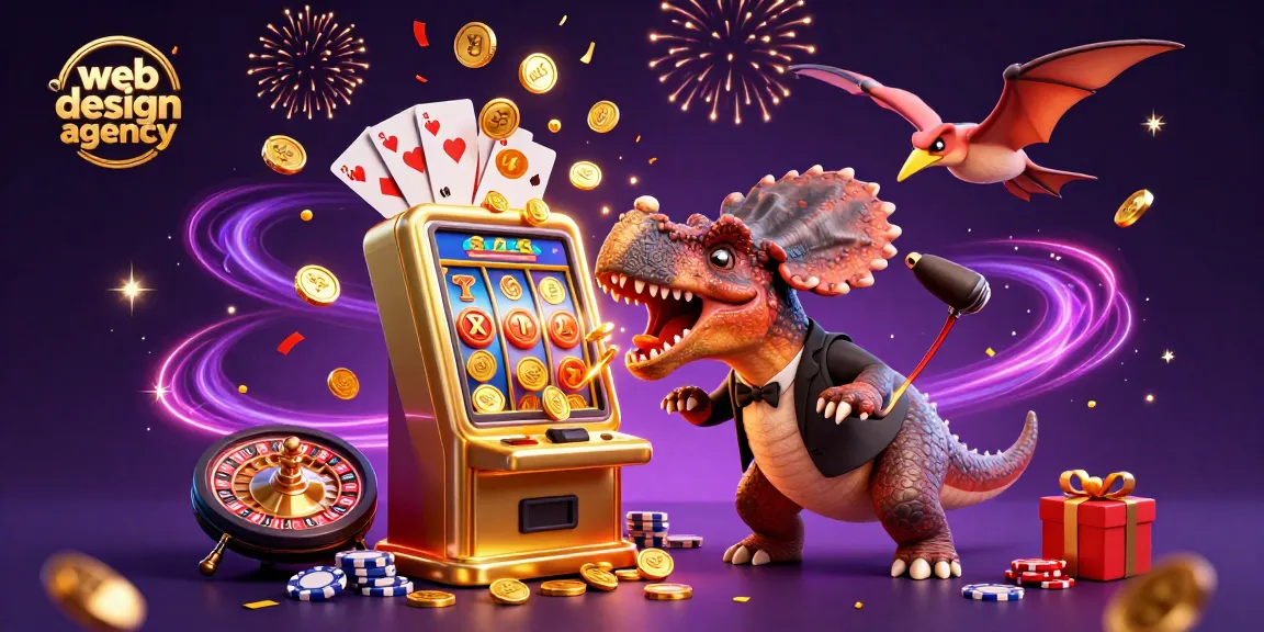 Dynamic scene showcasing a 3D cartoon pachycephalosaurus at a slot machine in a web design agency context.