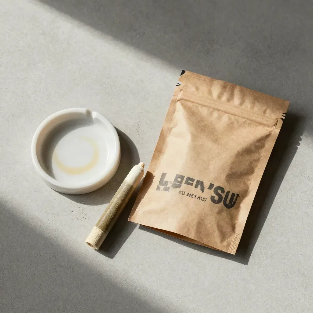 Top-down unlabeled pre-roll pack with ash dish and crinkled sleeve on pale concrete.