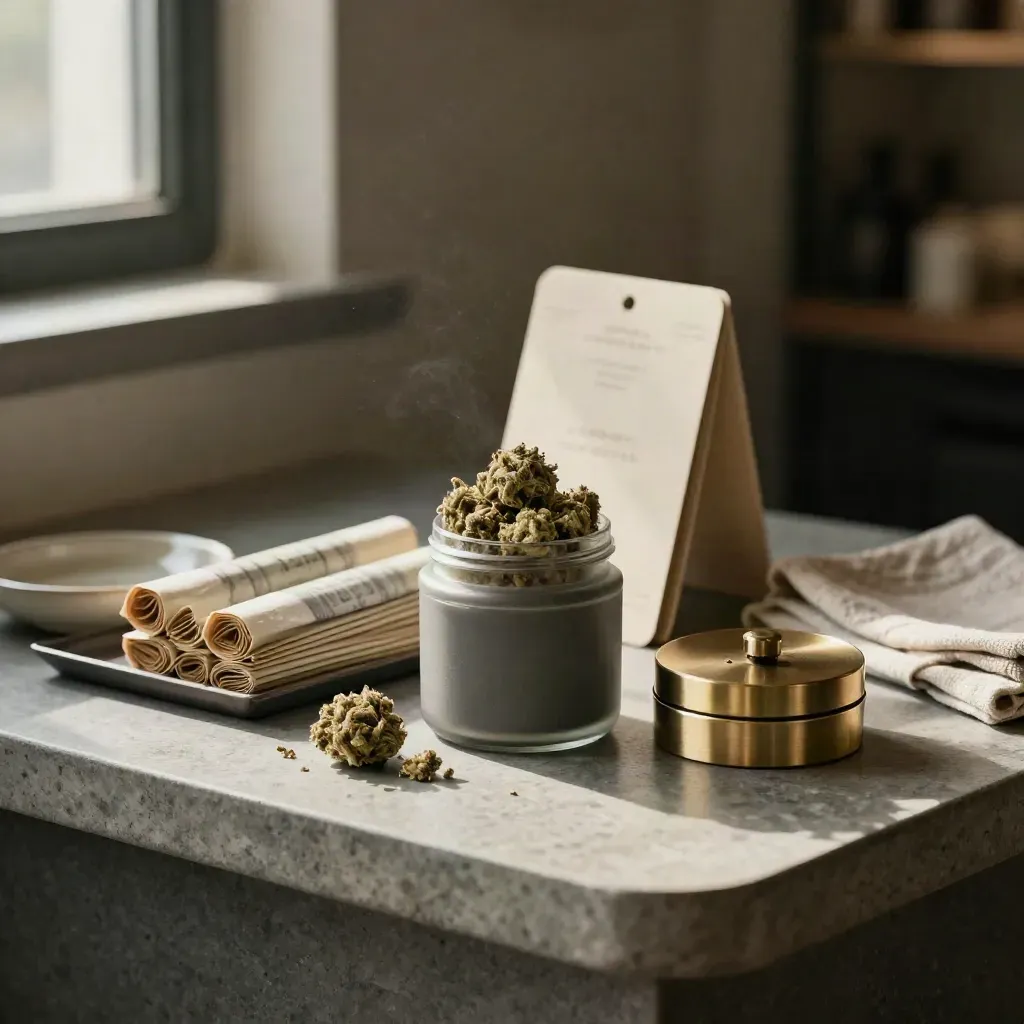 Cannabis flower jar, papers, and grinder on a stone counter with brass accents and soft haze.