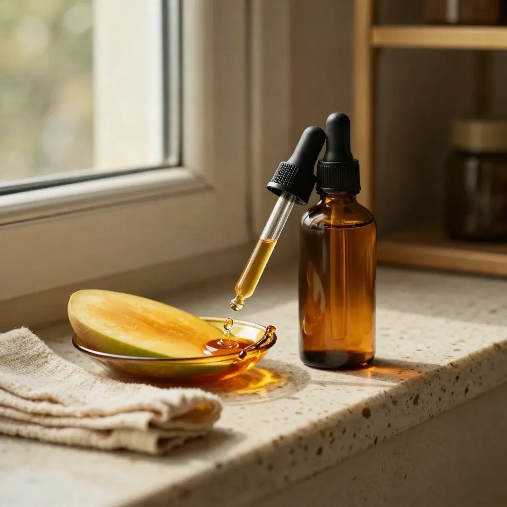 Mango CBD tincture bottle, dropper, amber dish, and dried mango slice on linen