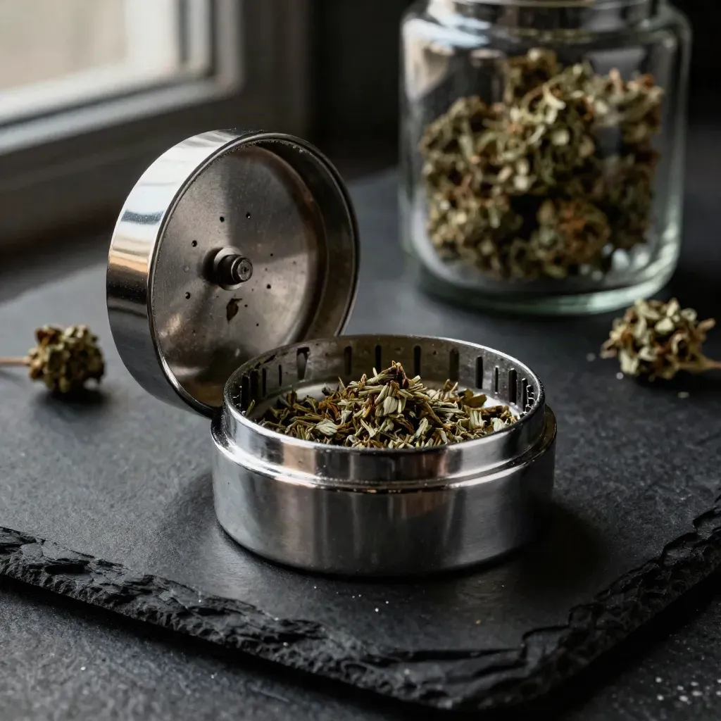 Open chrome herb grinder with herb flecks on matte black slate, lit by a cool studio rim.