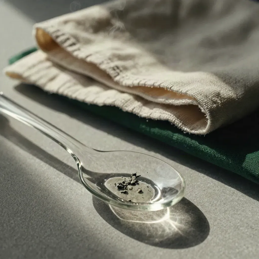 Macro of a clear glass spoon pipe with ash, pebble tray, and folded cloth in side light.
