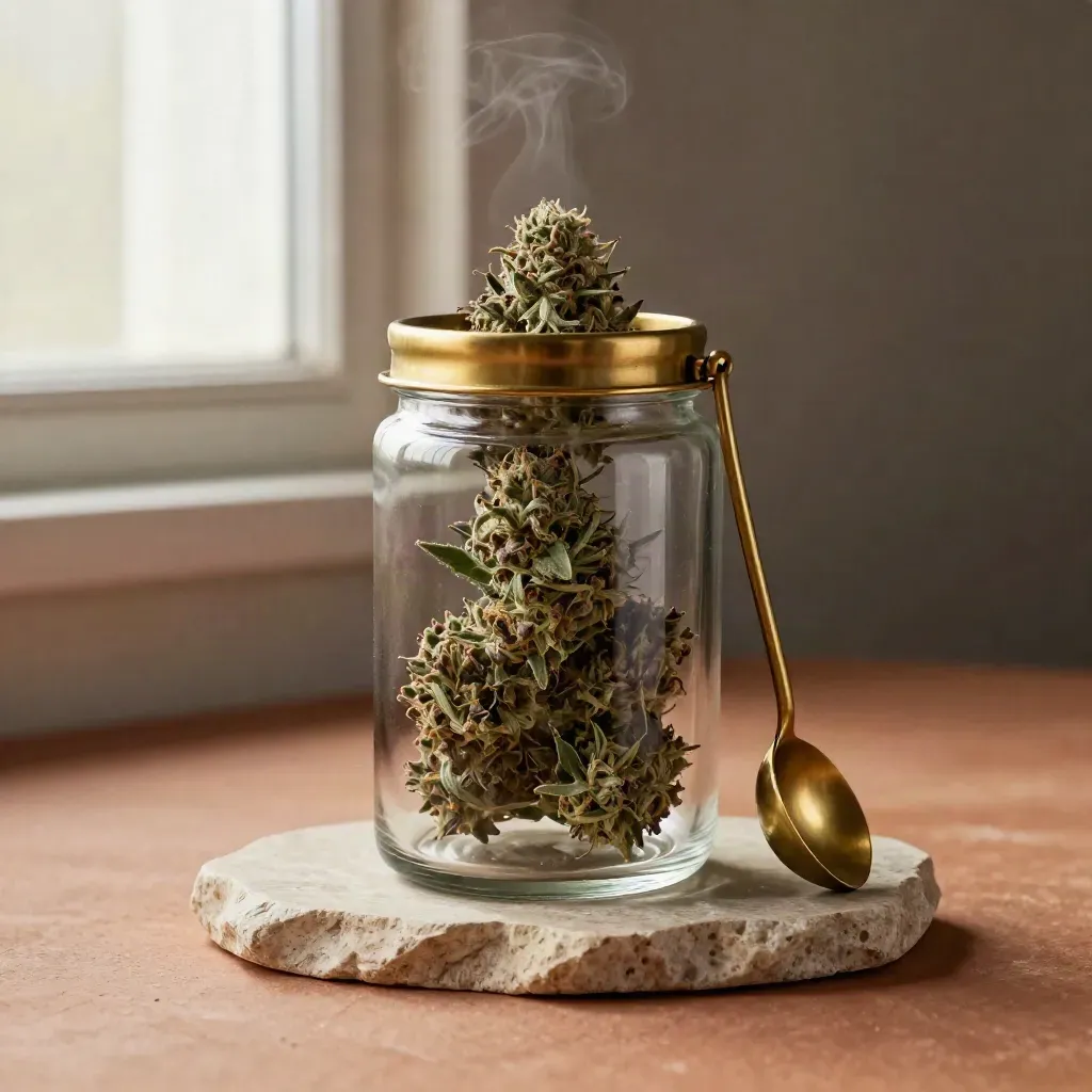 Branded-free Northern Lights flower jar with brass scoop on a stone tray in cool haze