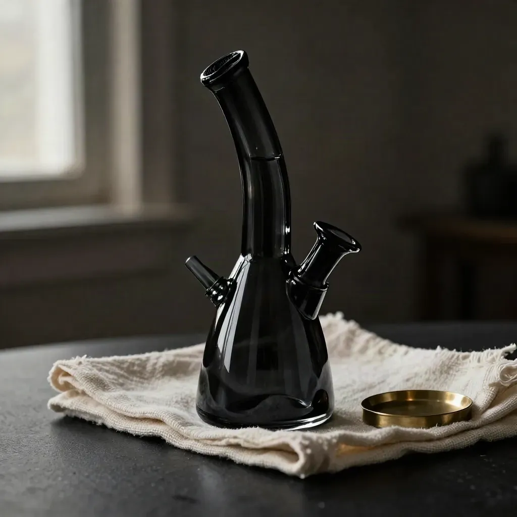 Black glass bong with brass rest and folded cotton cloth on a dark studio surface.