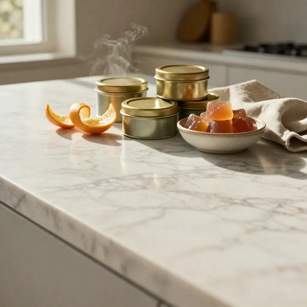 Sunlit marble counter with citrus peels, edible tins and a ceramic bowl in a calm kitchen.