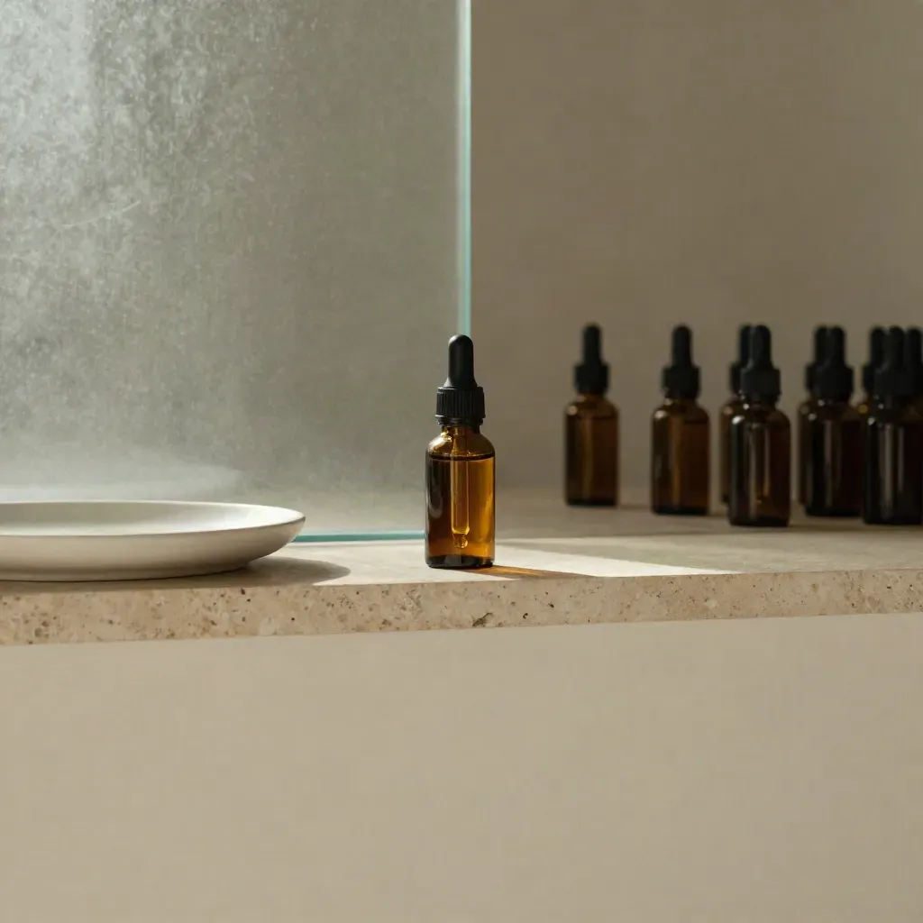 Minimal apothecary interior with tincture bottles, frosted glass, and soft side light.