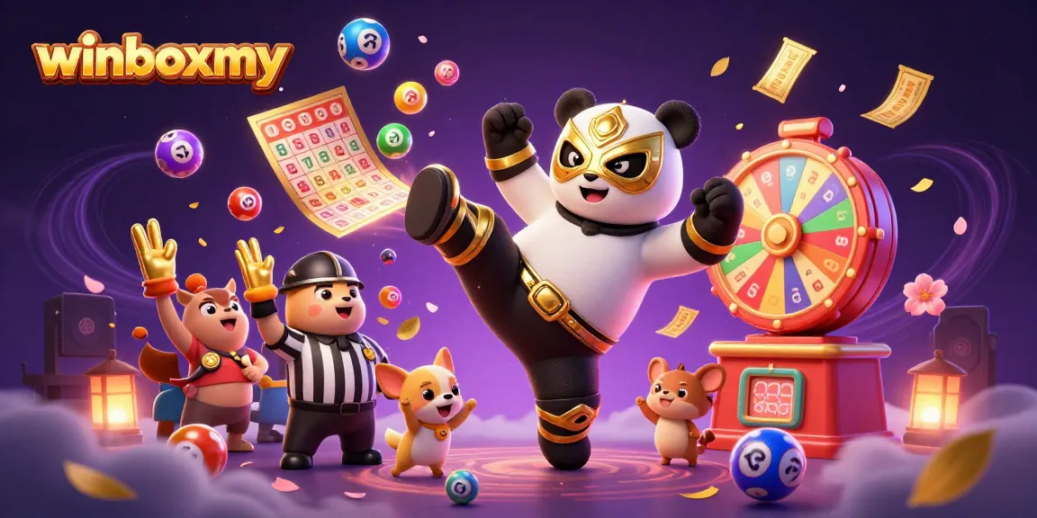 Experience thrilling excitement with winboxmy's panda wrestler and lucky lottery elements in this vibrant casino scene.