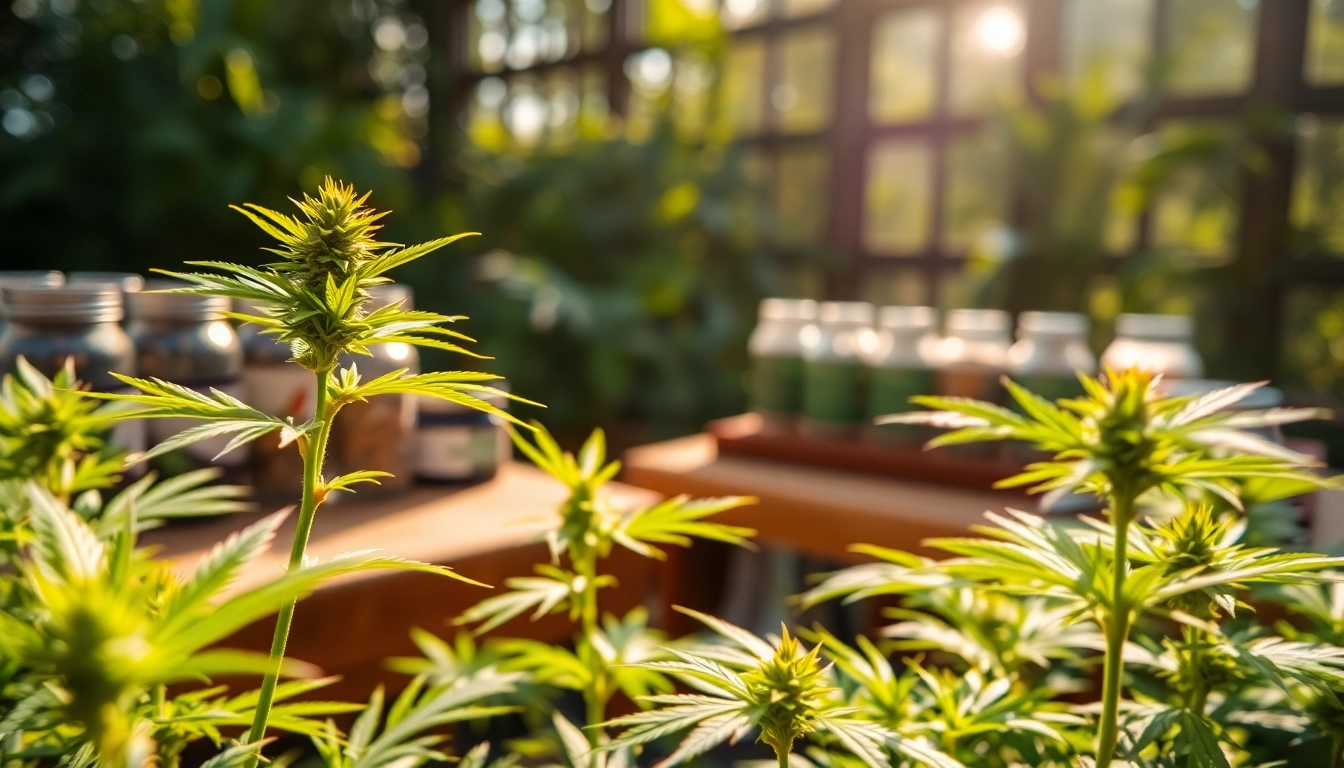 Find sites to buy weed featuring lush cannabis plants in a tranquil garden.