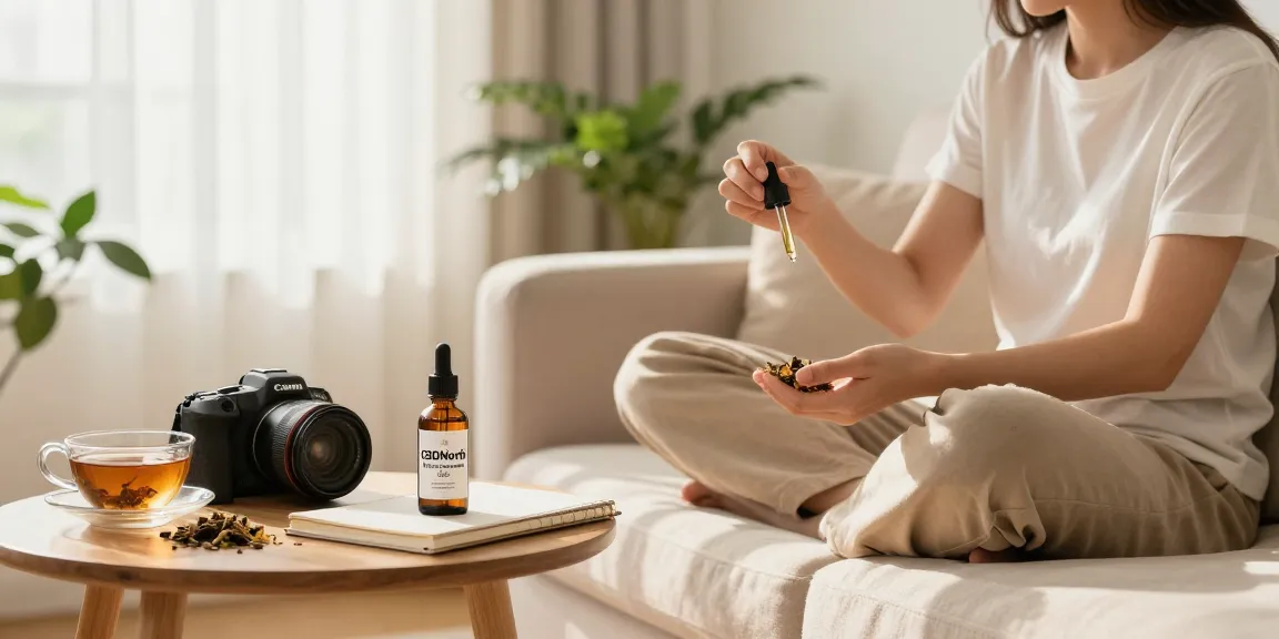 Individual enjoying CBDNorth Full-Spectrum CBD Oil in a cozy living room, promoting wellness and relaxation.