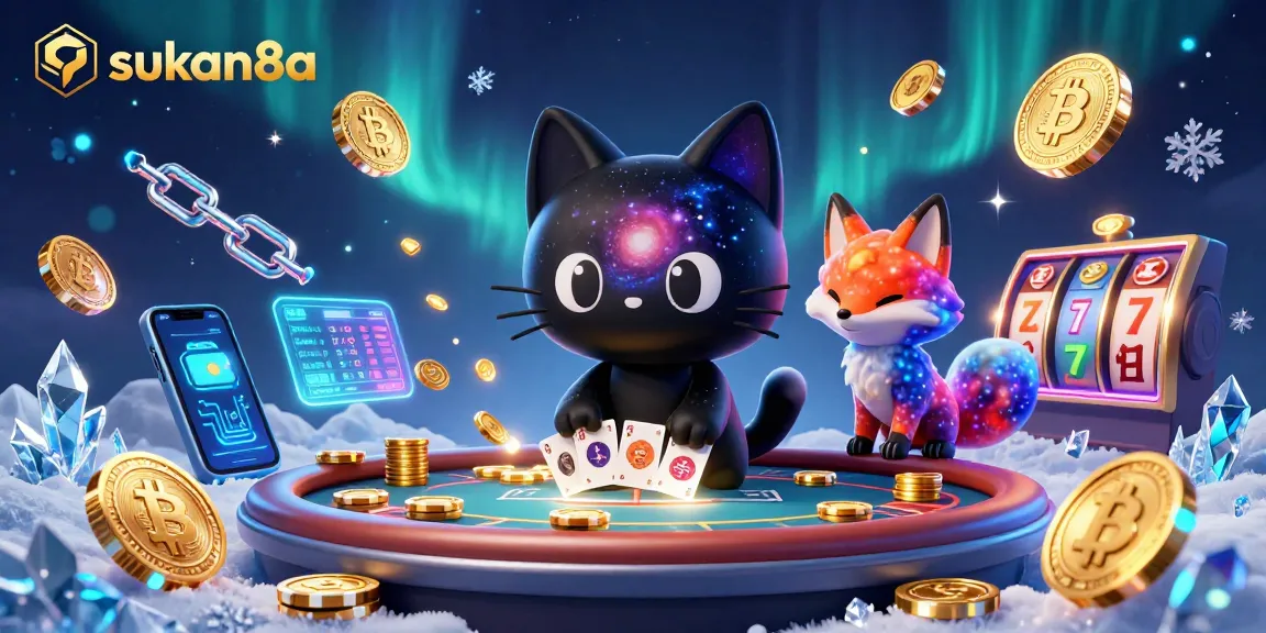 Sukan8a engages players with a cosmic casino scene featuring a black hole cat and nebula fox amidst slot reels.