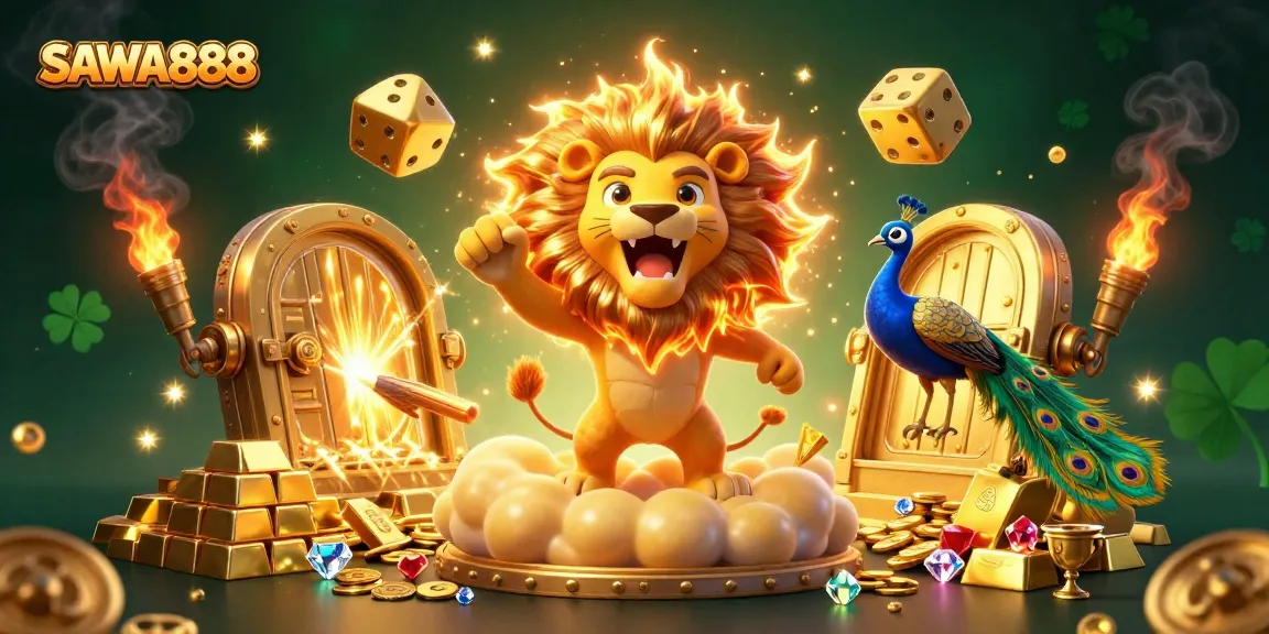 Experience SAWA888 with the sun lion, golden dice, and treasure vault in a vibrant casino scene.