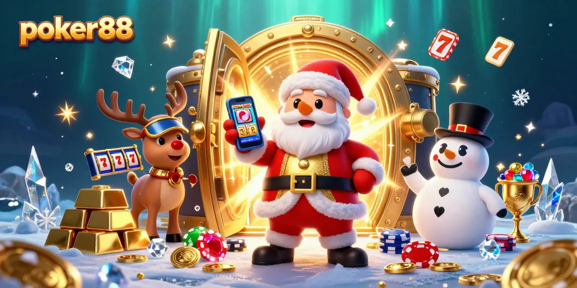 Experience the excitement at poker88 with Santa Claus celebrating jackpot slots in a vibrant casino scene.