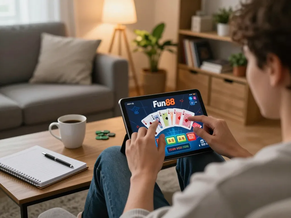 Engaging in fun88 online casino gaming on a tablet, showcasing strategic gameplay and cozy atmosphere.