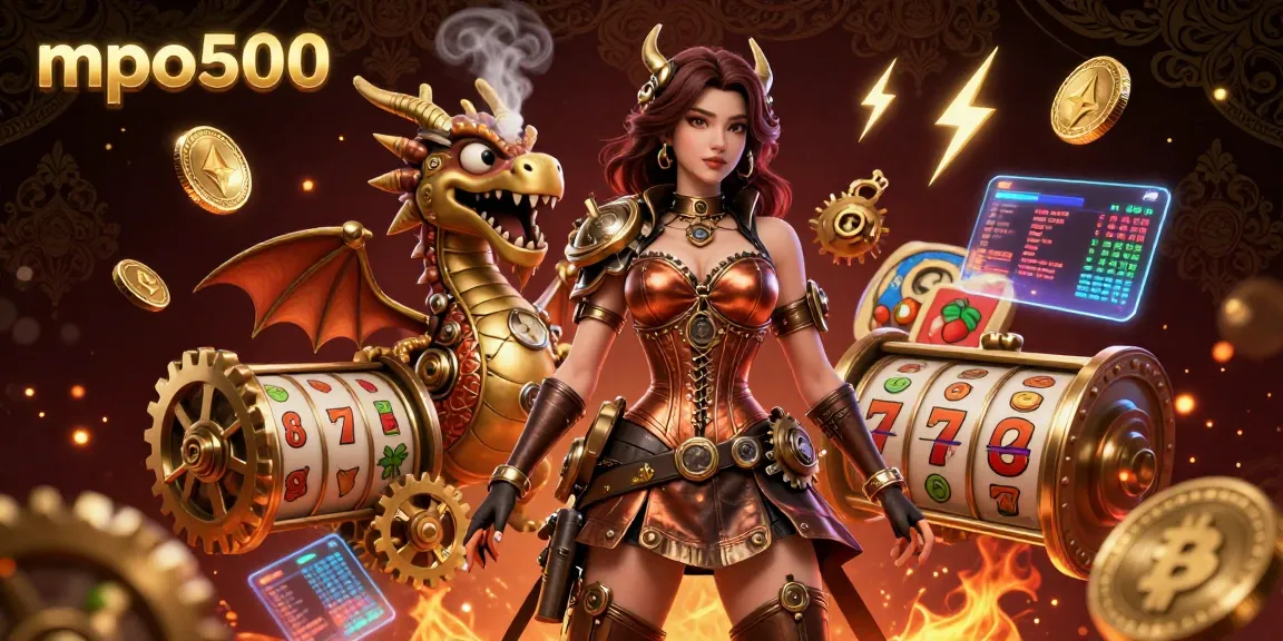 Spin the reels at mpo500, featuring a woman in a steampunk dress with a clockwork dragon amid vibrant casino elements.