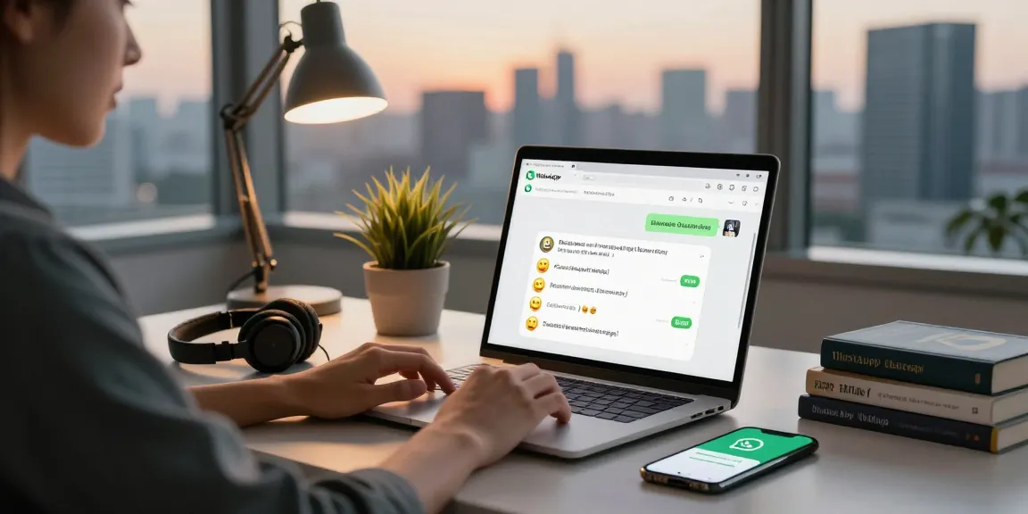 Professional using WhatsApp電腦版 on sleek desktop with chat interface and city view.