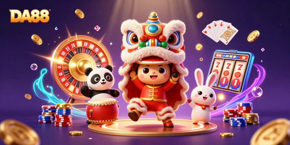 Experience the thrill of DA88 as the lion dance interacts with vibrant casino elements.