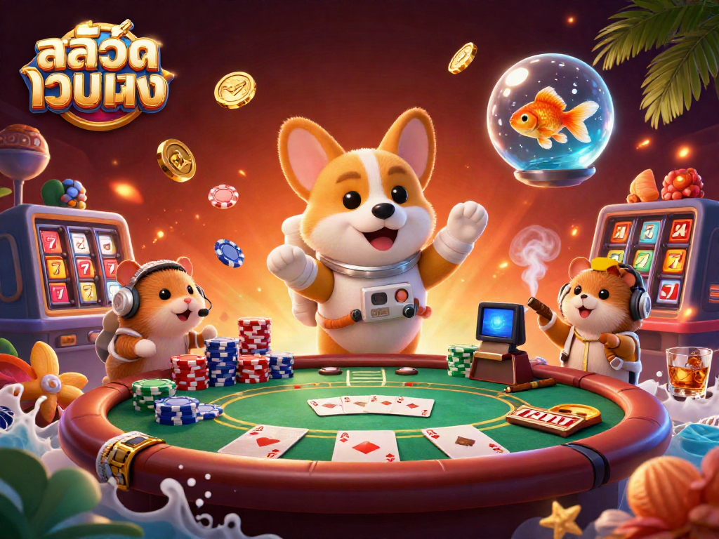 Experience thrilling gameplay in สล็อตเว็บตรง with a vibrant space casino scene featuring a cartoon astronaut corgi.