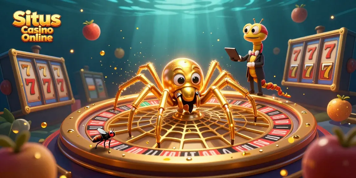 Situs Casino Online showcases a vibrant illustration of an imaginative roulette wheel and animated characters promoting excitement and winning strategies.