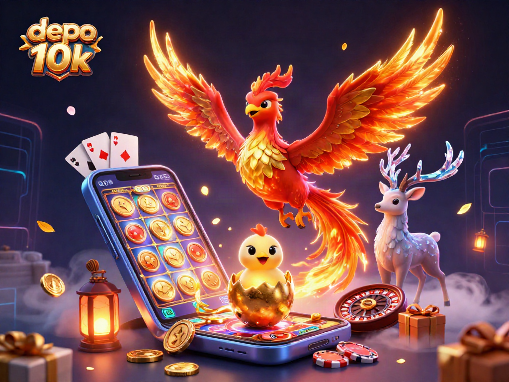 Spin and win with depo 10k in this vibrant casino-themed 3D illustration featuring dynamic game elements.