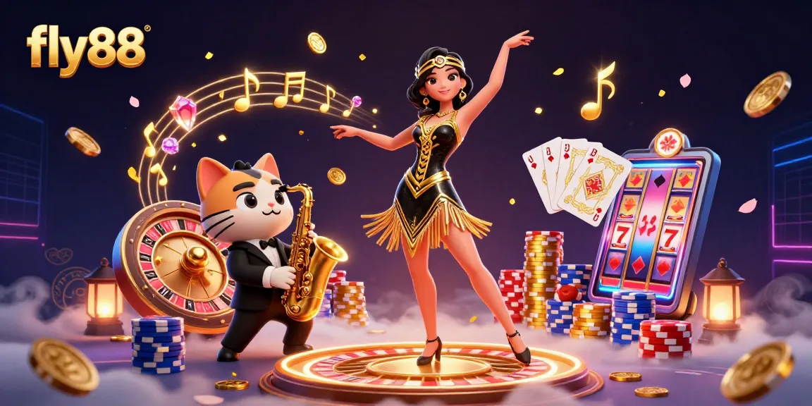 Play slots and win big with fly88's vibrant casino illustration featuring exciting game elements.