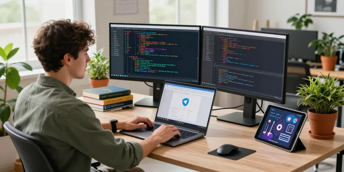 Software developer working with 纸飞机中文版 in a modern workspace, surrounded by technology and coding resources.
