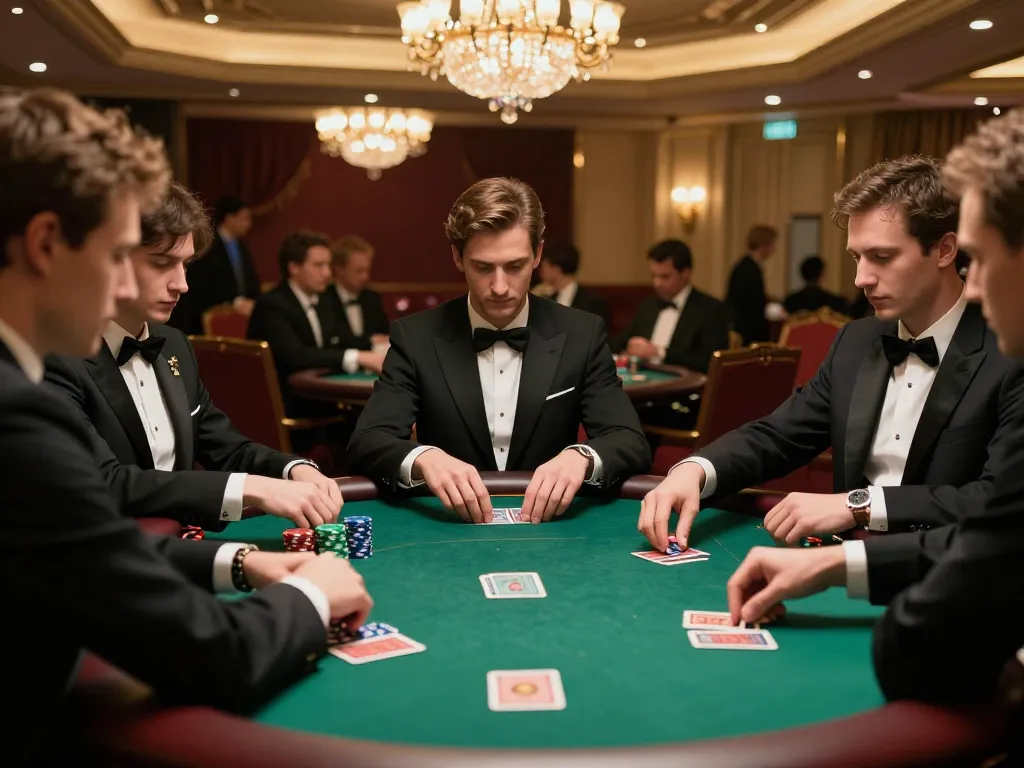 vt88 players engage at a high-stakes poker table, showcasing skill in a luxurious casino atmosphere