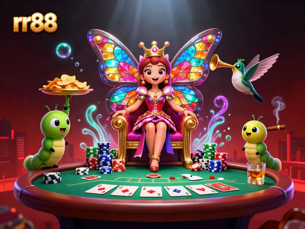 Experience thrilling gameplay at rr88 with vibrant casino elements and a butterfly queen in 3D art.