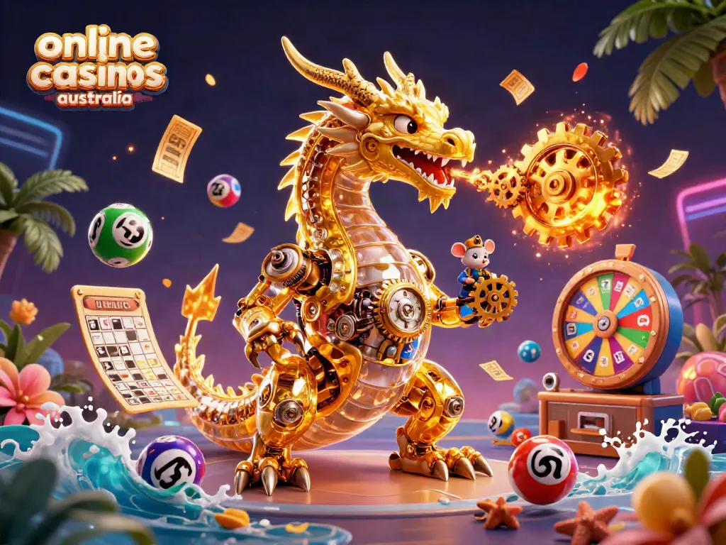 Engage with online casinos Australia in an entertaining scene featuring a golden dragon with gears, lottery elements, and vibrant visuals.