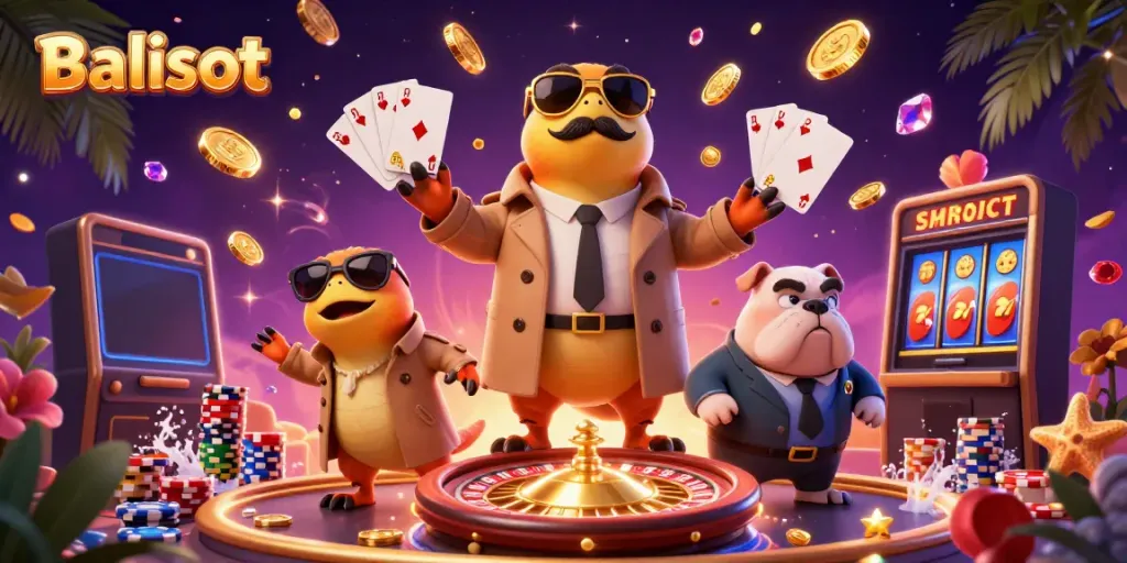Experience Balislot excitement with raptors in disguise entering a VIP casino, surrounded by golden coins and vibrant games.