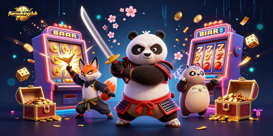 flamediningclub's thrilling scene showcases samurai panda and ninja fox amidst slot machine chaos.
